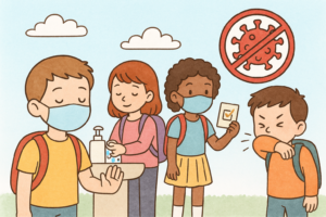 Illustration von Kindern die den Infektionschutz umsetzen, nur dekoratives Element